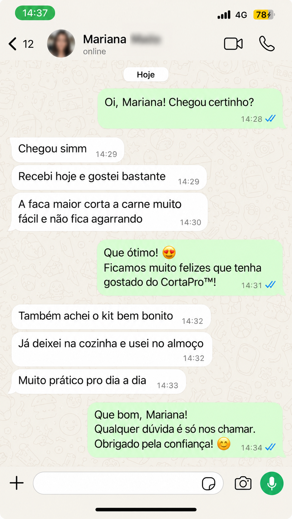 Print de WhatsApp com feedback positivo sobre o CortaPro